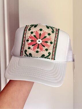 Orijinal Design White Trucker Hat with Pink & Green Embroidered Panel